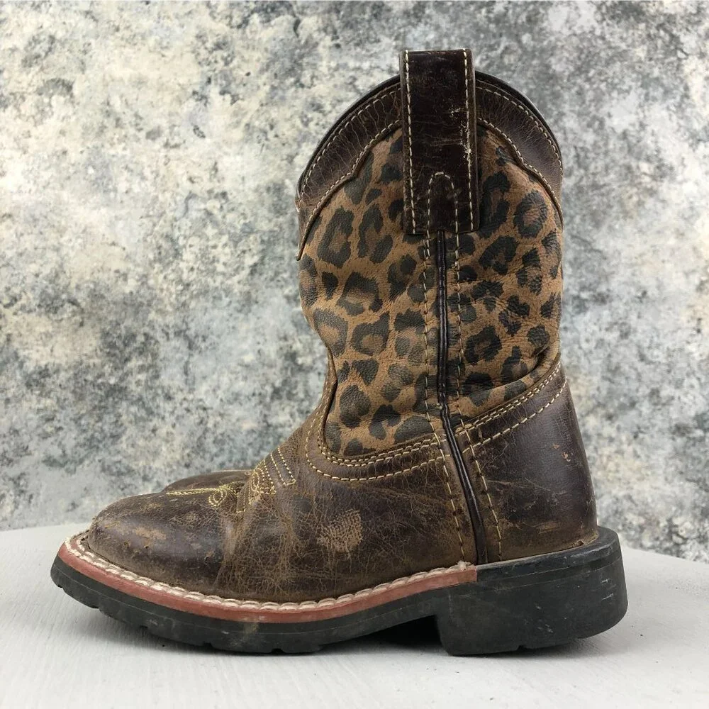 Dan Post Kids Size 8.5D Makucha Brown Leather Leopard Square Toe Boots FAIR